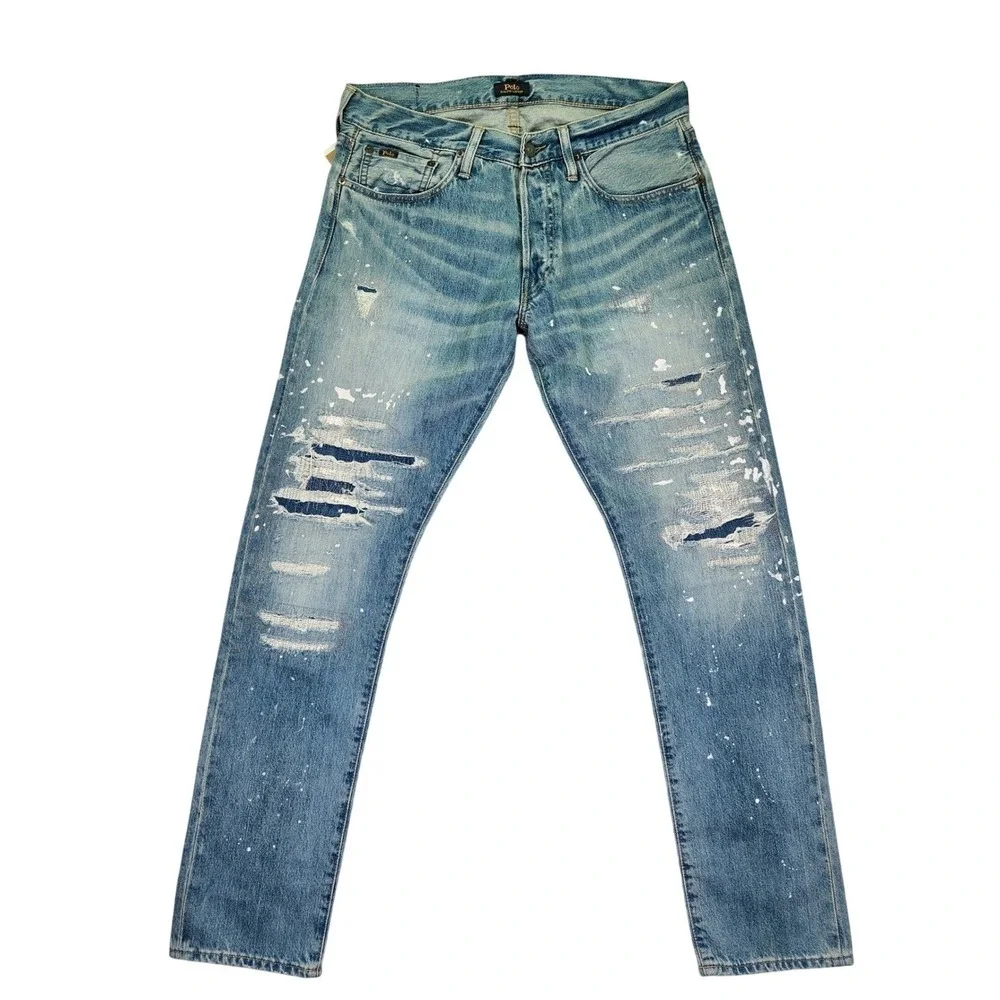 Polo Ralph Lauren Distressed Paint Splatter Ripped Denim Jeans 32x31‎ Button Fly